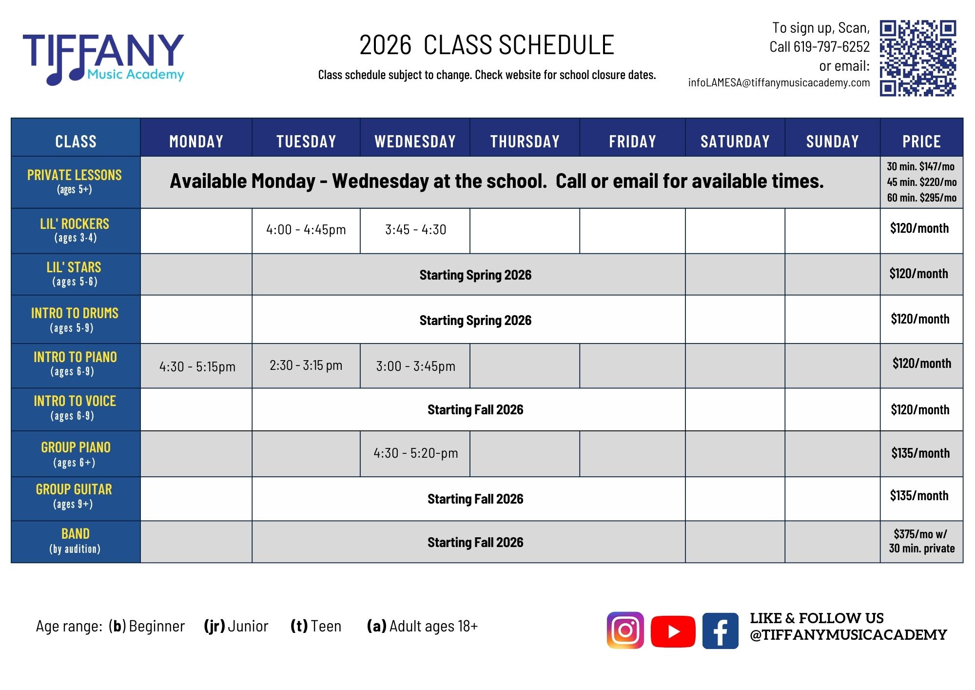 La Mesa Class Schedule Jan 2026